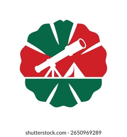 Abstract graphic a telescope on a tripod within a stylized red green floral shape