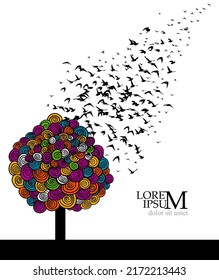 Árbol gráfico abstracto con un rebaño de aves voladoras. Ilustración del vector