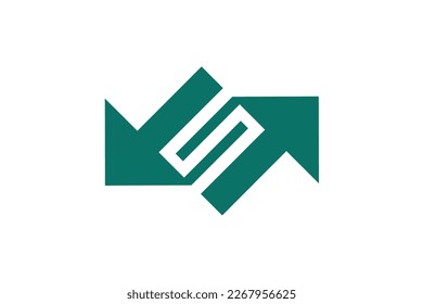 Abstract graphic vector illustration featuring a geometric logo design of two green arrows connected to each other and creating an empty space that forms the letter S.
