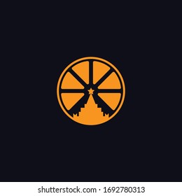 Abstract graphic vector illustration of orange slices with a silhouette of the Kremlin tower