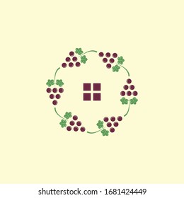 Abstract graphic vector illustration of six grape clusters in the shape of a hexagon, in the center of which a window