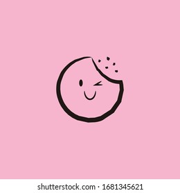 Abstract graphic vector line art of a cute gingerbread man with a narrowed eye and a smile, part of which was bitten off