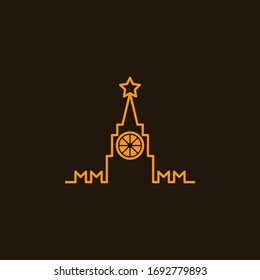 silueta gráfica vectorial lineal abstracta de la torre del Kremlin con naranja en lugar de la cara del reloj
