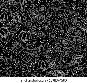 Abstract graphic vector seamless pattern with hand drawn figured ornamental lines, flowers and doodles