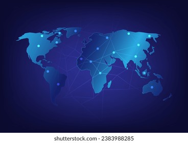 Abstract graphic of world map with connection lines. Vector Illustration. Telecommunication and technology concept.