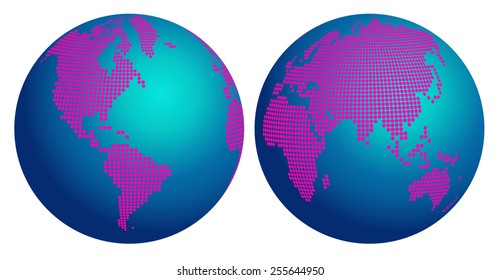 Abstract graphic World map globe of pink flower dots on white background. Vector illustration.