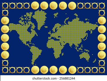 Abstract graphic World map of gold round dots and 20 money currency. Vector illustration