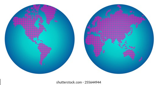 Abstract graphic World map hemisphere of pink flower dots on white background. Vector illustration.