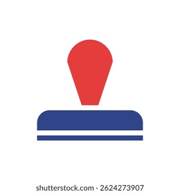 Abstract graphical depiction of a stylized stamp in blue and red colors