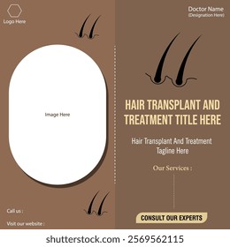 Abstract graphics banner template of hair treatment and transplant. Dark background of social media post background.