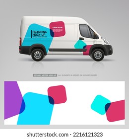 Abstract graphics corporate identity for company car.  Corporate Van mockup. Vehicle branding graphics. Company Van mockup and branding sticker wrap design. Business flyer. Editable vector template