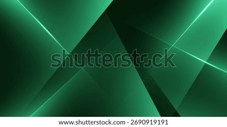 Abstract graphics in dark green and neon green. Overlapping lines of light and triangles create depth and dimension, resembling reflections on modern metal or glass surfaces.