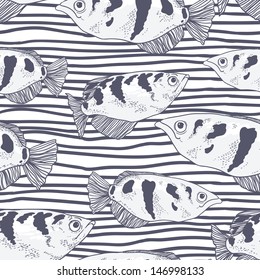 Abstract graphics fish on background of waves