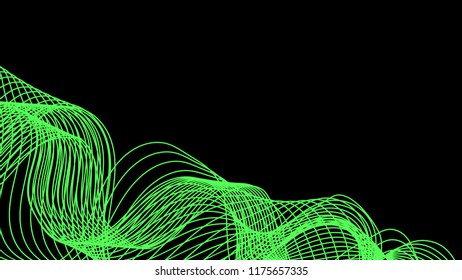 Abstract graphics green line wave on black background 