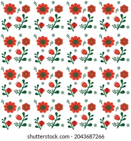 Abstract graphics seamless of colorful flowers and little green leaves are repeating on white background. Vector beautiful red flowerspattern design for decorating , fabric, wrapping, textile, apparel