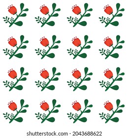 Gráficos abstractos sin fisuras de flores rojas y pequeñas hojas verdes se repiten sobre fondo blanco. Vector hermoso diseño de lindos patrones florales para la decoración , tela, envoltura, textil, vestimenta.