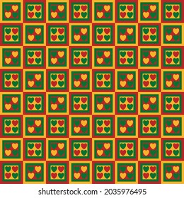 Gráficos abstractos sin fisuras de símbolo de corazón amarillo y rojo en la rueda cuadrada en tonos rojos, amarillos y verdes.Diseño vectorial creativo para tela, envoltura, textil, papel pintado, vestimenta para el festival de Navidad 