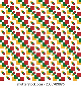 Gráficos abstractos sin fisuras de amarillo, rojo y verde cuadrado se superponen en la línea diagonal. Diseño de tres cuadrados grandes y pequeños con solapamiento .Vector creativo para tela, envoltura, textil, papel de pared, ropa