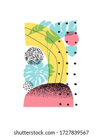 Abstract graphics summer background. Modern geo layout: geometric natural rounded shapes, tropical leaves silhouettes, grain texture in 80s, 90s minimal flat style. Geometric poster design.