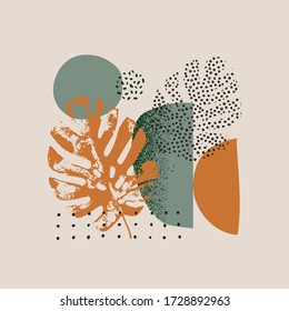 Abstract Graphics Summer Background. Modern Geo Layout: Geometric Natural Rounded Shapes, Grunge Tropical Leaf, Grain Texture In 80s, 90s Minimal Flat Style. Geometric Scandinavian Poster Design.