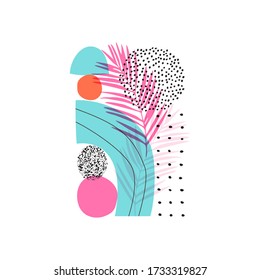 Abstract graphics summer background. Modern geo layout: geometric natural rounded shapes, tropical leaves silhouettes, grain texture in 80s, 90s minimal flat style. Geometric poster design.