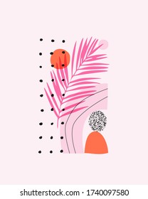 Abstract graphics summer background. Modern geo layout: geometric natural rounded shapes, tropical leaves silhouettes, grain texture in 80s, 90s minimal flat style. Geometric poster design.