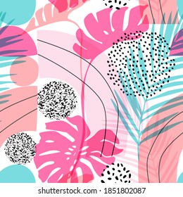 Abstract graphics summer background. Modern geo layout: geometric natural rounded shapes, tropical leaves silhouettes, grain texture in 80s, 90s minimal flat style. Geometric seamless pattern design.