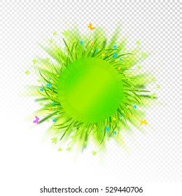 Abstract grass circle label isolated on transparent background. Vector illustration with blurred backlight.