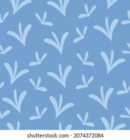 Abstracto de pasto doodle patrón sin fisuras. Fondo de moda monocromo azul con motivos florales dibujado a mano. Sencilla huella escandinava botánica con hojas de flores silvestres.
