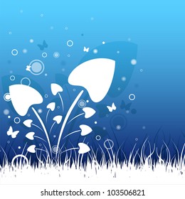 Abstract grass and flowers on blue background