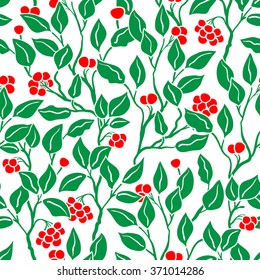 Abstract grass green leaves and bright red berries seamless vector pattern. Decorative hand drawn vintage background.