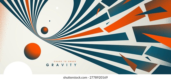 Abstract gravity concept showing pull, tension, and momentum as elements flow toward a center, transforming chaos into structured balance and direction.