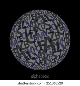 Abstract gray alphabetic orb with dark letters on black background. Vector label
