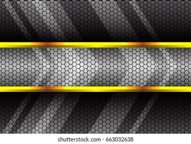 Abstract gray arrow in black hexagon mesh and gold line design modern luxury background vector illustration.