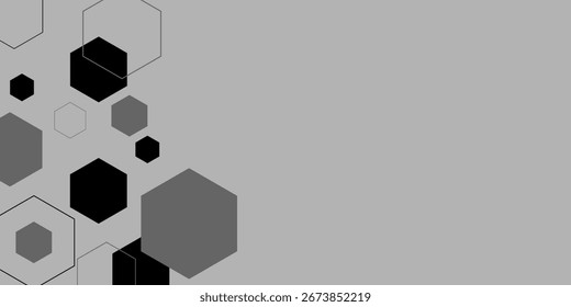 Abstrakter grauer Hintergrund mit schwarzen 3D-Sechsecken. Digitales Zukunftstechnologie-Konzept. Wissenschaftlicher, technologischer, molekularmedizinischer Hintergrund. Hexagon-DNA-Netzwerk. Sechseck, Wabe, sechseckig