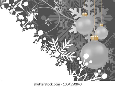 Abstract gray background with christmas balls. New Year Christmas card. Great for greetings cards, invitations, posters, decoration of the New Year holidays. Colors image: gray, gold, white. Vector.