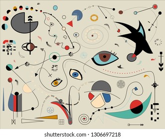 Abstract gray background ,fancy sahpes red blue, inspired by surrealist  painter