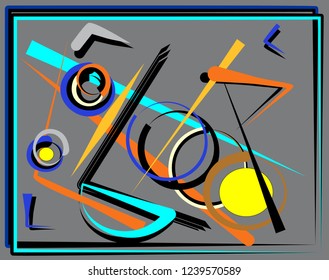 Abstract gray background, lines and geometric shapes ,blue , yellow , orange