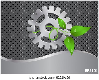 Abstract gray background with a metal gears, grid and green sprout