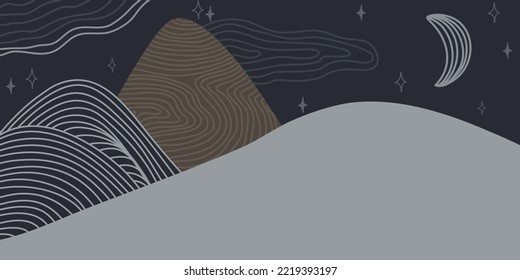 Resumen de fondo gris noche paisaje de montaña estrellas de luna oscura papel tapiz vectorial