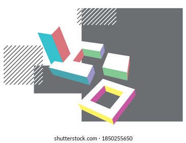 Abstract gray background with volumetric shapes and colored elements. Modern vector background