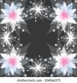Abstract gray background with white flowers lilies. Floral greeting or invitation card in retro or grunge style. Place for text. Vector illustration