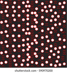 Abstract gray background with white hexagons with red stroke and red pointers randomly placed around the drawing
