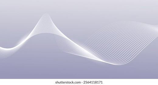 Abstract gray background with white shining curved wave lines