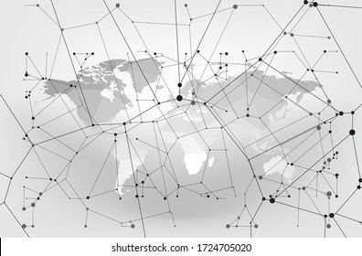 Abstrakter grauer und schwarzer World Map Triangle Geometry Hintergrund und Hintergrund. Globale Netzwerkverbindung, Konzept der sozialen Kommunikation.
