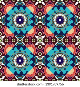 Abstract gray, brown and blue seamless pattern with mesh of squares. Cute mosaic. Geometric vector template.