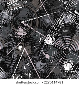 Patrón de camuflaje gris abstracto con pintura salpicada, trazos de pincel, círculos, formas circulares concéntricas como el objetivo. Para prendas de vestir, tejidos, textiles, artículos deportivos Textos gruesos