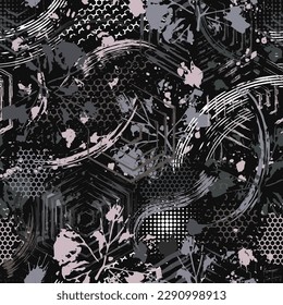 Abstract gray camouflage pattern with splattered paint, paint brush strokes, leaves, hexagons. Dense chaotic composition For apparel, fabric, textile, sport goods Grunge texture