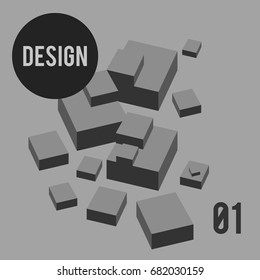 Abstract gray composition with isometric shapes, numbers and lettering  