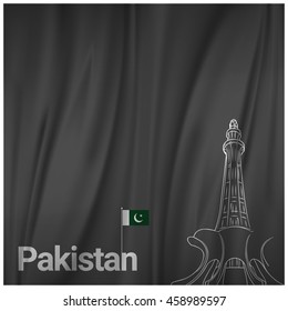 Abstract Gray curtain backgroun with Minar-e-Pakistan. Pak Wallpaper. New Pakistani Freedom Day 2016. Vector 14 August Pakistan Independence Day. Celebration Card. Illustration